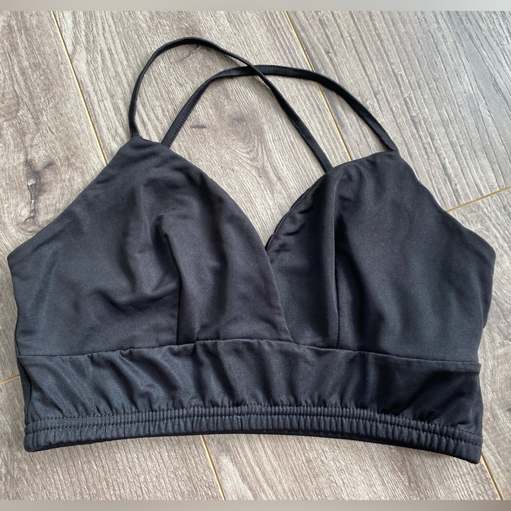 3/$15 Black Bralette, metallic finish, unpadded, criss cross spaghetti straps
